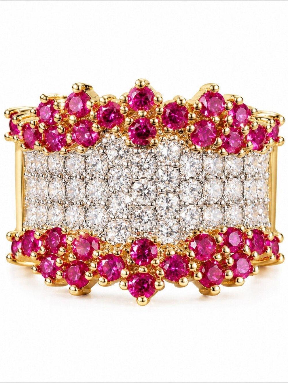 💗 Pink Heiress | Pink Crystal Statement Ring Gold Tone – Size 8